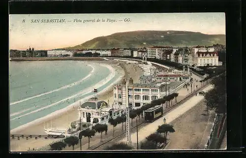 AK San Sebastian, Vista general de la Playa, Strassenbahn