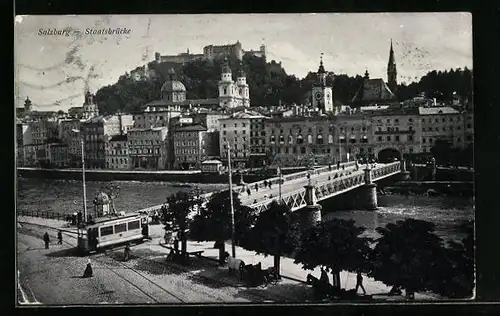 AK Salzburg, Staatsbrücke mit Strassenbahn