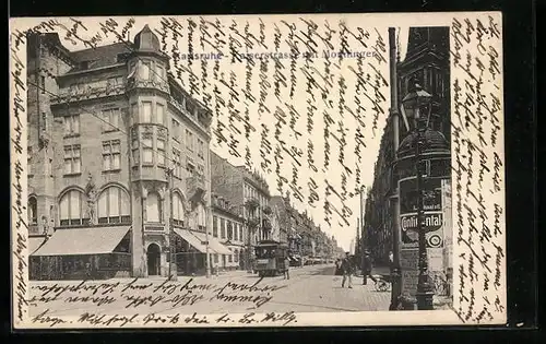 AK Karlsruhe, Kaiserstrasse mit Monninger, Strassenbahn