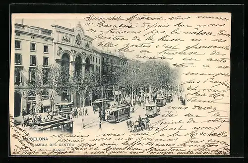 AK Barcelona, Rambla del Centro, Strassenbahn