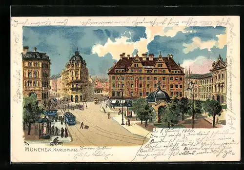 Künstler-AK München, Karlsplatz mit Pavillon und Strassenbahn