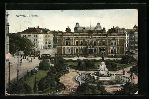 AK Görlitz, Strassenbahnen am Postplatz