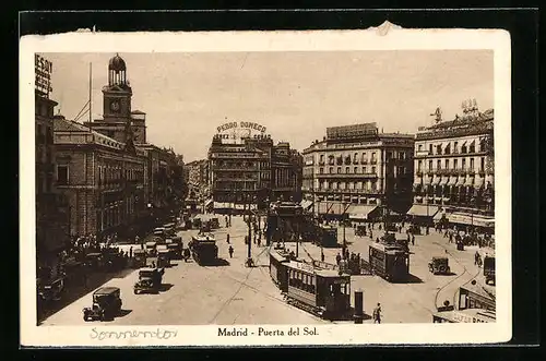 AK Madrid, Puerta del Sol mit Strassenbahn
