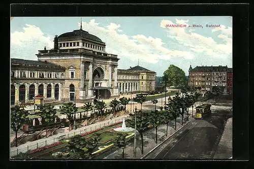 AK Mannheim a. Rh., Strassenbahn am Bahnhofplatz