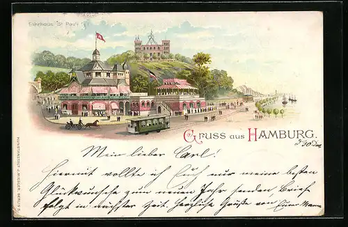 Lithographie Hamburg-St. Pauli, Fährhaus St. Pauli mit passierender Strassenbahn