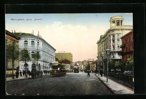 AK Warszawa, Strassenbahn am Hotel Bristol