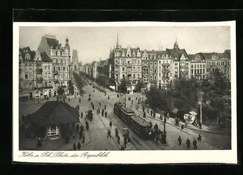 AK Köln a. Rh., Strassenbahn am Platz der Republik mit Blick auf Neusserstrasse und Agneskirche