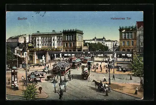 AK Berlin, Strassenbahnen am U-Bahnhof Hallesches Tor