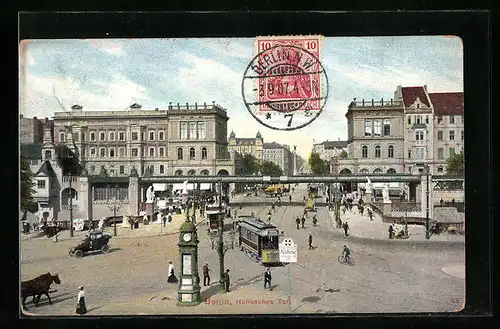 AK Berlin, Strassenbahn und Wettersäule am Bahnhof Hallesches Tor