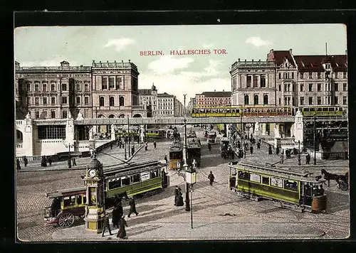 AK Berlin, Strassenbahnen und Wettersäule am Halleschen Tor
