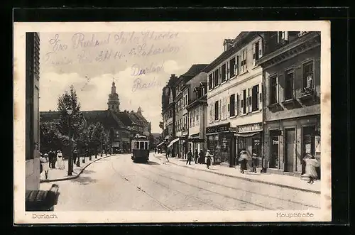 AK Durlach, Strassenbahn in der Hauptstrasse