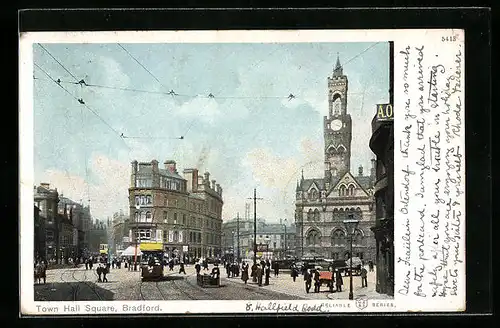 AK Bradford, Strassenbahn am Town Hall Square