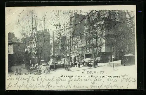 AK Marseille, La Place des Capucines mit Strassenbahn