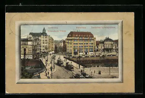 AK Hamburg, Strassenbahnen in der Ernst-Merckstrasse mit Bieberhaus und Deutschem Schauspielhaus