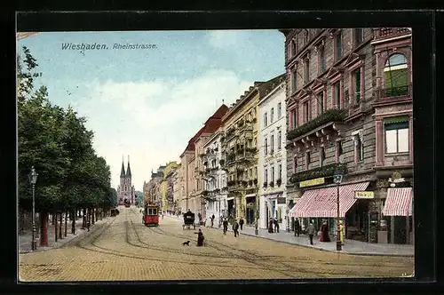 AK Wiesbaden, Rheinstrasse mit Strassenbahn