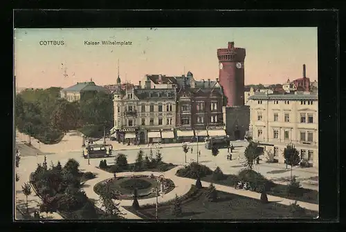 AK Cottbus, Kaiser Wilhelmplatz mit Strassenbahn