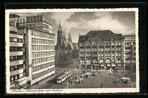 AK Breslau, Blücherplatz mit Rathaus und Strassenbahn