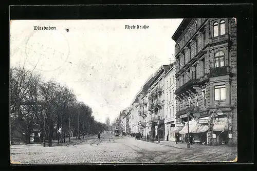 AK Wiesbaden, Rheinstrasse mit Strassenbahn