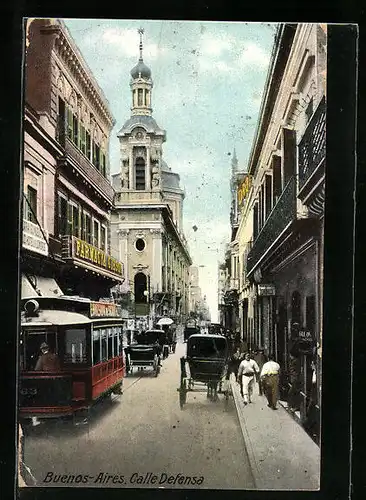 AK Buenos Aires, Calle Defensa, Strassenbahn