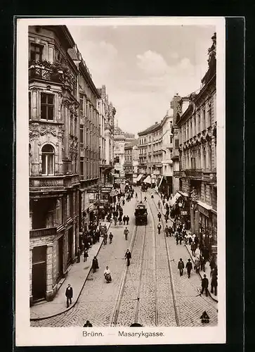 AK Brünn, Masarykgasse mit Strassenbahn