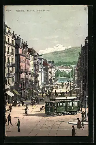 AK Genève, Rue du Mont Blanc, Strassenbahn