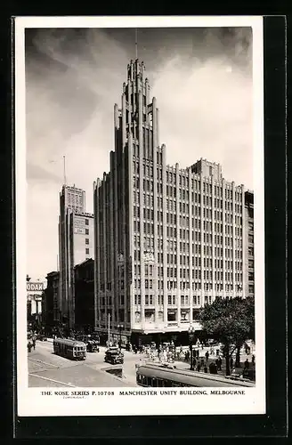 AK Melbourne, Manchester Unity Building, Strassenbahn