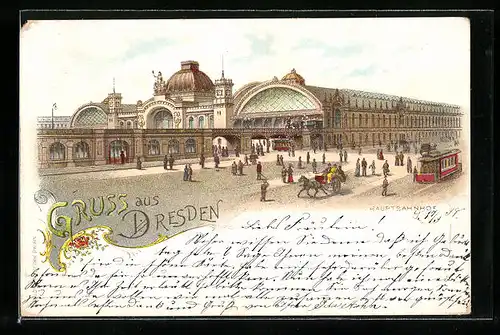 Lithographie Dresden, Passanten vor dem Hauptbahnhof mit Strassenbahn