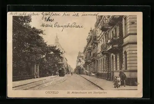 AK Crefeld, St. Antonstrasse am Stadtgarten mit Strassenbahn