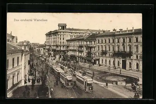 AK Warschau, Strassenpartie mit Strassenbahn