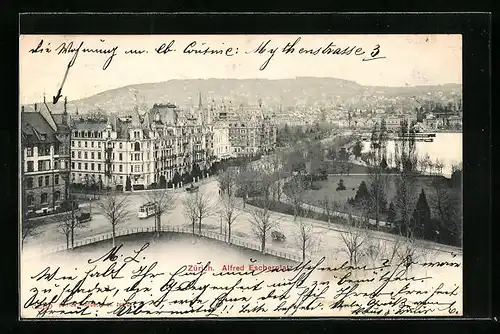 AK Zürich, Strassenbahn auf dem Alfred Escherplatz aus der Vogelschau