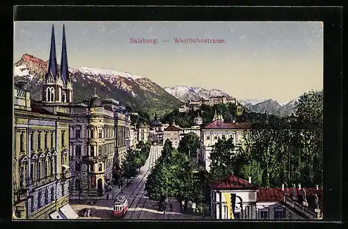 AK Salzburg, Strassenbahn in der Westbahnstrasse mit Kirchtürmen