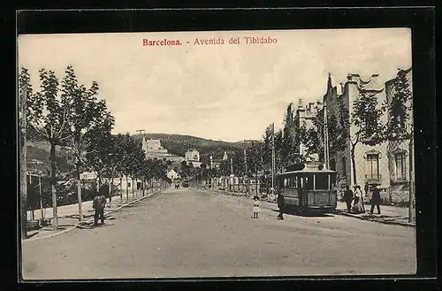 AK Barcelona, Avenida del Tibidabo, Strassenbahn