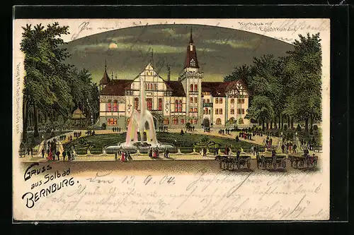 Lithographie Bernburg, Kurhaus mit Leuchtfontaine