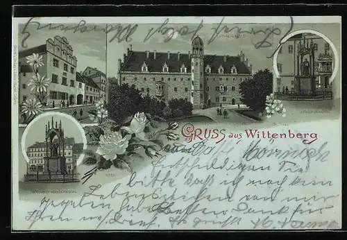 Lithographie Wittenberg, Lutherhaus, Melanchthonhaus, Luther-Denkmal