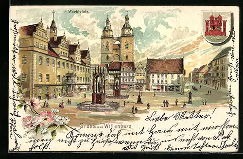 Lithographie Wittenberg, Marktplatz, Wappen