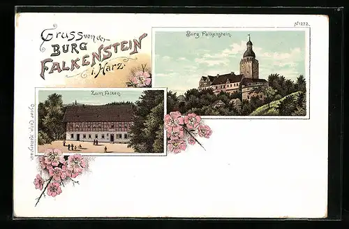 Lithographie Falkenstein /Harz, Gasthaus Zum Falken, Burg Falkenstein