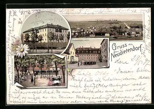 Lithographie Neudietendorf, Ortsansicht, Mädchen-Pensionat, Schwestern-Haus