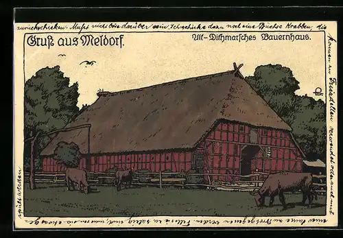 Steindruck-AK Meldorf, Alt-Dithmarsches Bauernhaus