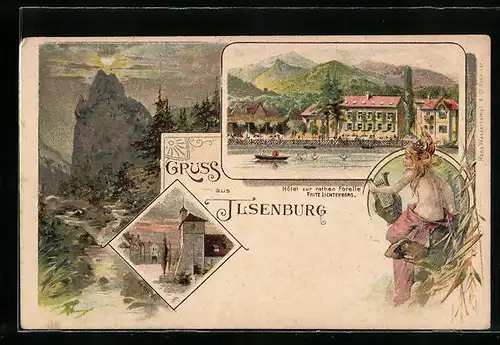 Lithographie Ilsenburg a. H., Hotel zur rothen Forelle, Schloss, Maid mit Harfe