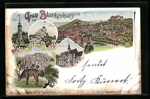 Lithographie Blankenburg /Harz, Rathaus, Totalansicht, Der Grossvater, Regensteine, Kaiserwarte