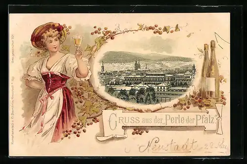 Lithographie Neustadt a. Hardt /Pfalz, Teilansicht, Frau hält Weinglas