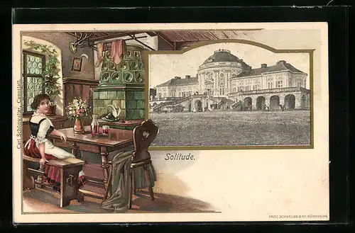 AK Stuttgart, Schloss Solitude, Frau sitzt am Tisch