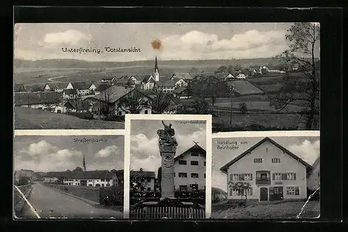 AK Unterfinning, Handlung von Beinhofer, Kriegerdenkmal, Strassenpartie