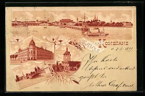 Lithographie Konstanz, Postgebäude, Schnetztor, Rheinbrücke