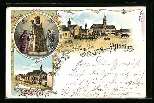 Lithographie Altötting, Ortspartie mit Kirche, Gnadenbild