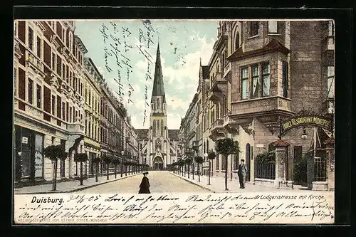 AK Duisburg, Hotel Restaurant Monopol an der Ludgeristrasse mit Kirche