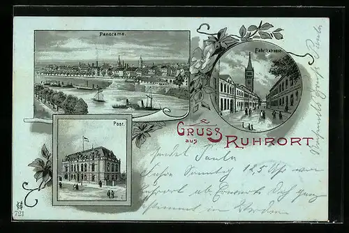 Mondschein-Lithographie Ruhrort, Panorama, Fabrikstrasse, Post
