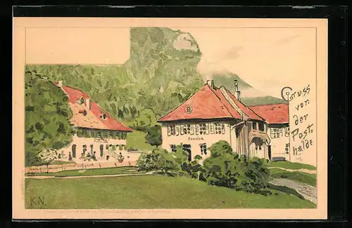Künstler-AK Posthalde, Ortspartie mit Pension