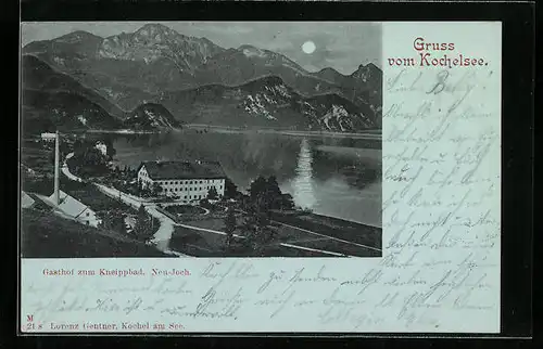 Mondschein-AK Kochel am See, Gasthof zum Kneippbad am Kochelsee