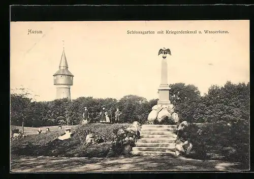 AK Husum, Schlossgarten mit Kriegerdenkmal, Wasserturm